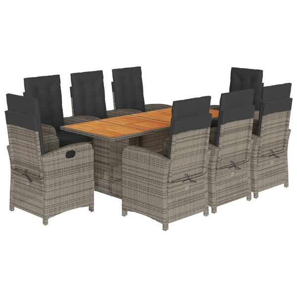 vidaXL Set comedor jard&iacute;n 9 pzas y cojines rat&aacute;n sint&eacute;tico gris