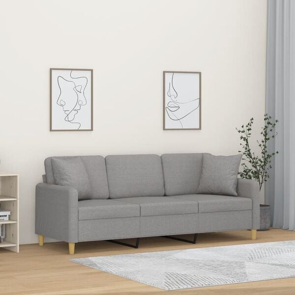 vidaXL Sofá de 3 plazas con almohadas y cojines tela gris claro 180 cm