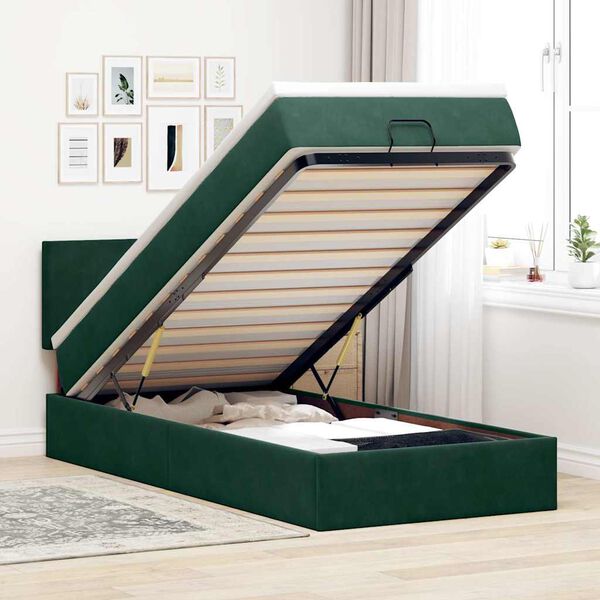 vidaXL Estructura de cama otomana con colch&oacute;n terciopelo verde oscuro