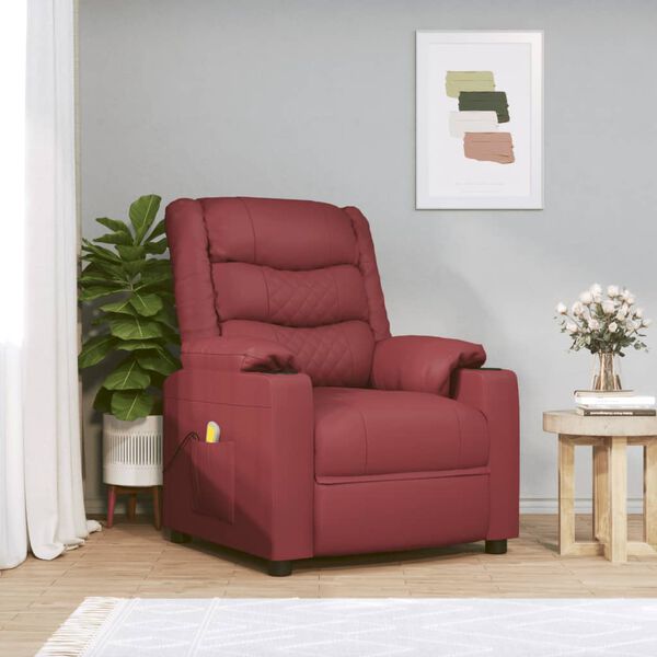 vidaXL Sillón de masaje de cuero sintético rojo tinto