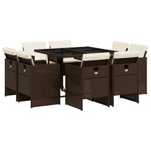 vidaXL Set comedor para jard&iacute;n 9 pzas y cojines rat&aacute;n sint&eacute;tico marr&oacute;n