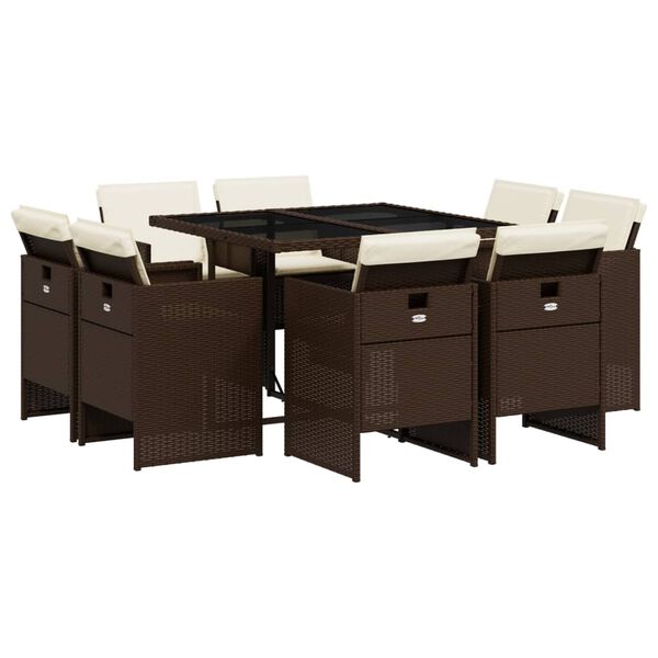 vidaXL Set comedor para jard&iacute;n 9 pzas y cojines rat&aacute;n sint&eacute;tico marr&oacute;n