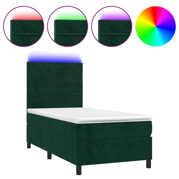 vidaXL Cama box spring colch&oacute;n y LED terciopelo verde oscuro 90x190 cm