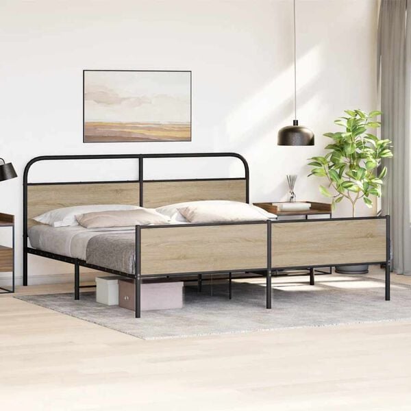 vidaXL Estructura de cama sin colch&oacute;n metal roble ahumado 183x213 cm