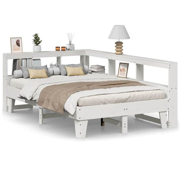 vidaXL Cama con estanter&iacute;a sin colch&oacute;n madera maciza blanca 140x190 cm
