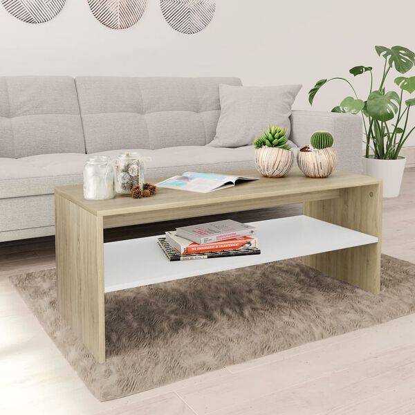 vidaXL Mesa de centro madera contrachapada blanco y roble 100x40x40 cm