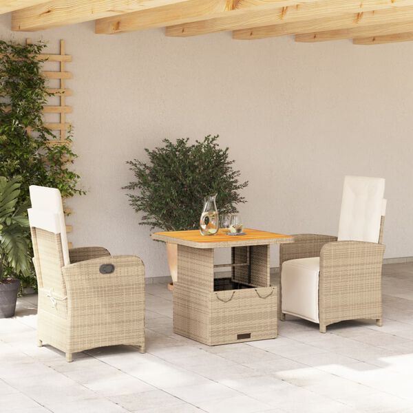 vidaXL Set comedor de jard&iacute;n 3 pzas con cojines rat&aacute;n sint&eacute;tico beige