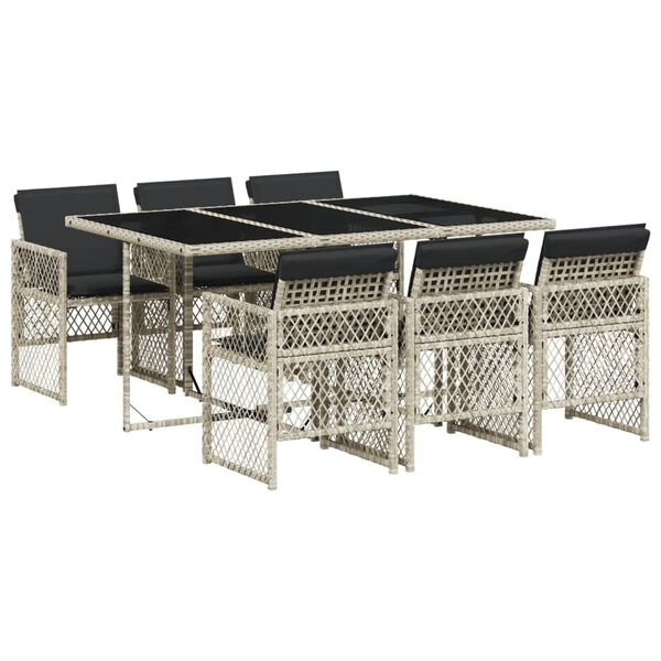 vidaXL Set comedor jard&iacute;n 7 pzas y cojines rat&aacute;n sint&eacute;tico gris claro