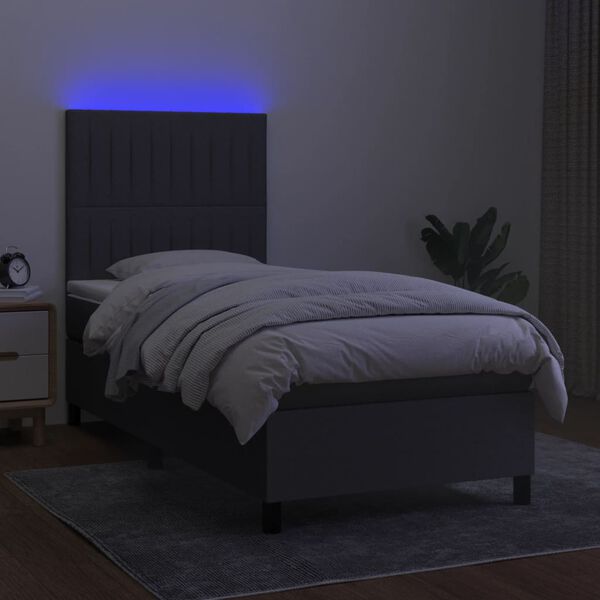 vidaXL Cama box spring colch&oacute;n y luces LED tela gris oscuro 90x200 cm