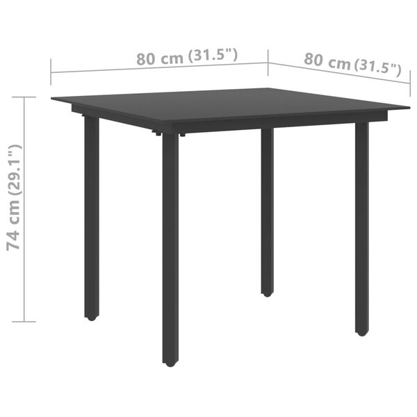vidaXL Mesa de comedor de jard&iacute;n acero y vidrio negro 80x80x74 cm