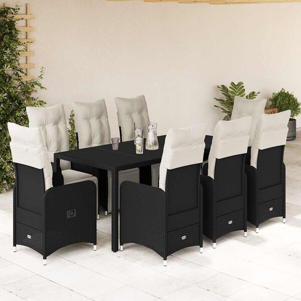vidaXL Set de mesa y sillas de jard&iacute;n 9 pzas y cojines rat&aacute;n PE negro