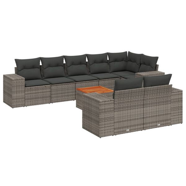 vidaXL Set de muebles de jard&iacute;n 9 pzas y cojines rat&aacute;n sint&eacute;tico gris