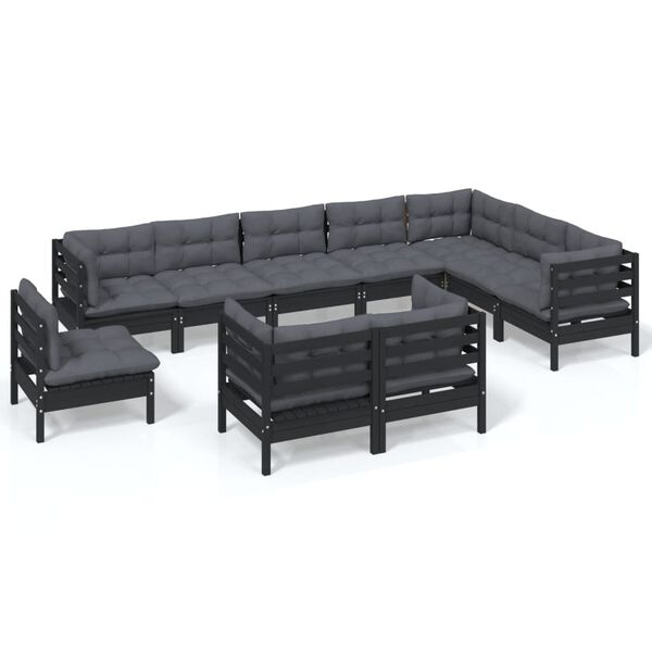 vidaXL Muebles de jard&iacute;n 10 pzas y cojines negro madera maciza de pino