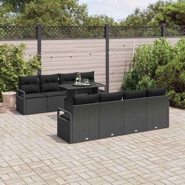 vidaXL Conjunto de sof&aacute; de jard&iacute;n con coj&iacute;n 9 pcs Negro Polirat&aacute;n
