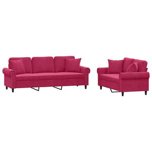 vidaXL Juego de sof&aacute;s con cojines 2 piezas terciopelo rojo tinto