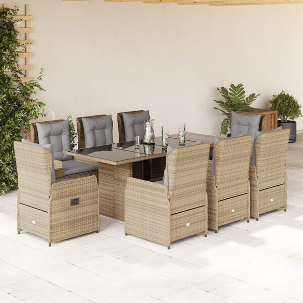 vidaXL Set comedor de jard&iacute;n 9 pzas con cojines rat&aacute;n sint&eacute;tico beige