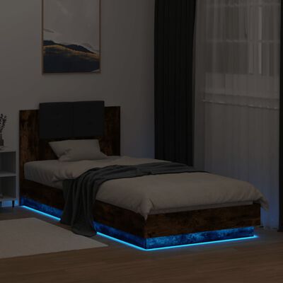 vidaXL Estructura de cama cabecero luces LED roble ahumado 90x200 cm