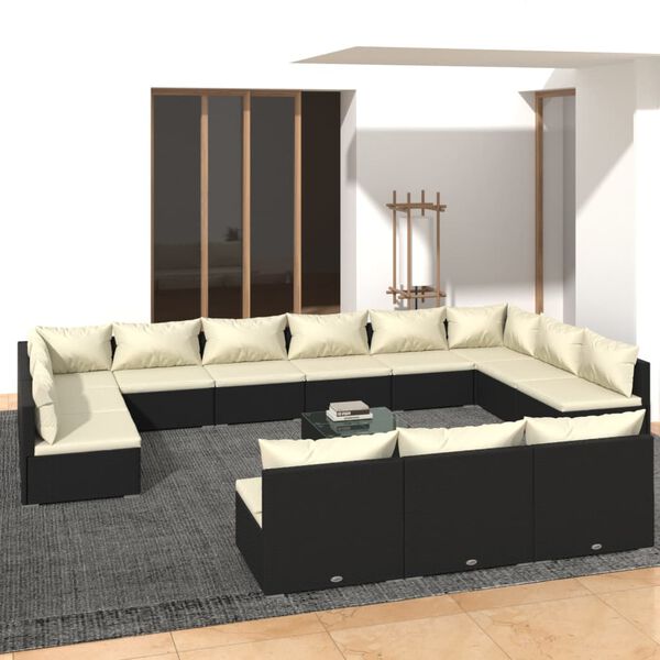 vidaXL Set de muebles de jard&iacute;n 14 pzas cojines rat&aacute;n sint&eacute;tico negro
