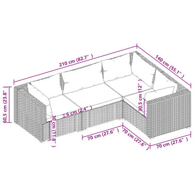 vidaXL Set muebles de jardín 4 piezas y cojines ratán sintético gris