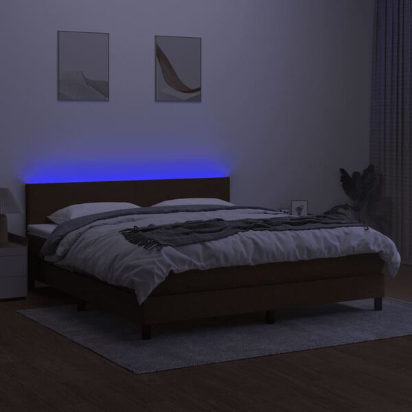vidaXL Cama box spring con colch&oacute;n LED tela marr&oacute;n oscuro 160x200 cm