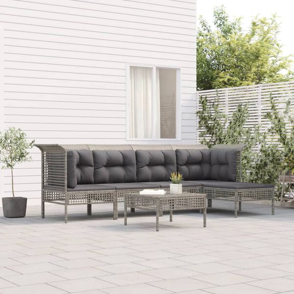 vidaXL Set de muebles de jard&iacute;n 6 pzas y cojines rat&aacute;n sint&eacute;tico gris