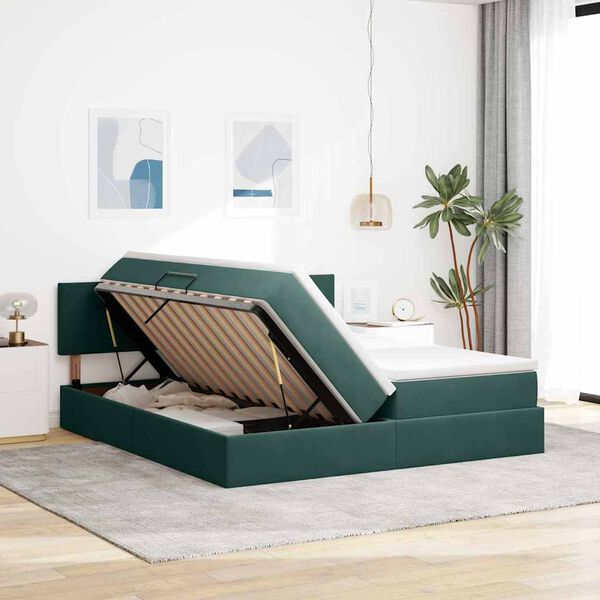 vidaXL Cama con almacenamiento con colch&oacute;n Verde oscuro 90 x 200 cm