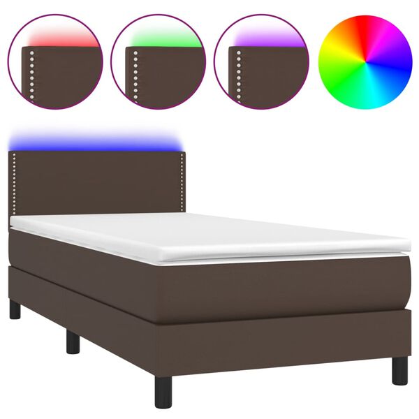 vidaXL Cama box spring colch&oacute;n y LED cuero sint&eacute;tico marr&oacute;n 100x200 cm