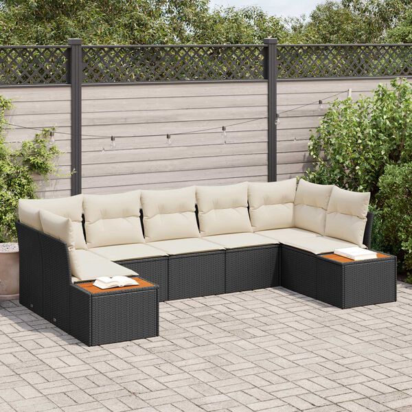vidaXL Conjunto de sof&aacute;s de jard&iacute;n 7 pcs Negro y crema Rat&aacute;n sint&eacute;tico
