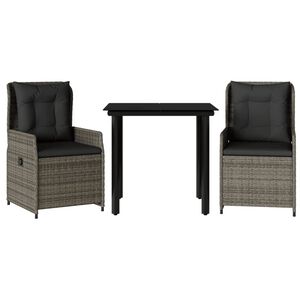 vidaXL Set comedor de jard&iacute;n 3 piezas con cojines rat&aacute;n sint&eacute;tico gris