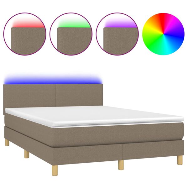 vidaXL Cama box spring colch&oacute;n y luces LED tela gris taupe 140x190 cm