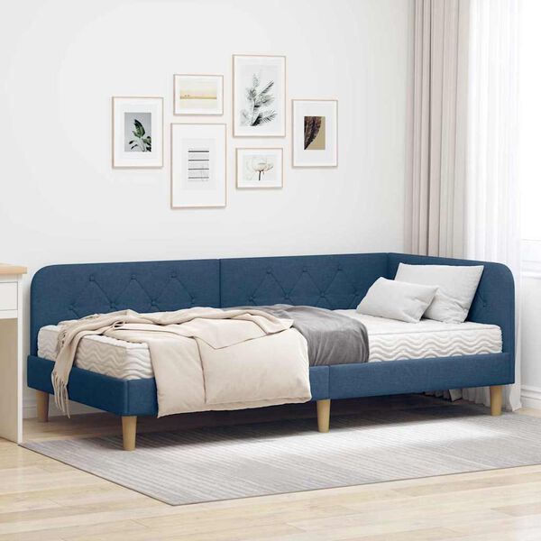 vidaXL Estructura de cama en esquina con colch&oacute;n Azul 90 x 200 cm tela