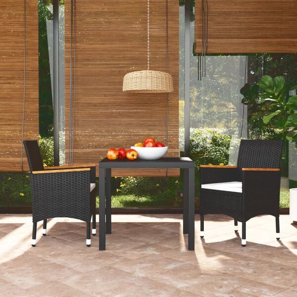 vidaXL Juego muebles jard&iacute;n 3 pzas con cojines rat&aacute;n sint&eacute;tico negro