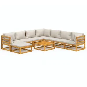 vidaXL Set muebles de jard&iacute;n 9 pzas madera maciza y cojines gris claro
