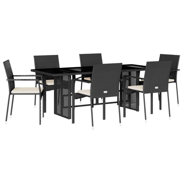 vidaXL Set de comedor de jard&iacute;n 7 pzas y cojines rat&aacute;n sint&eacute;tico negro