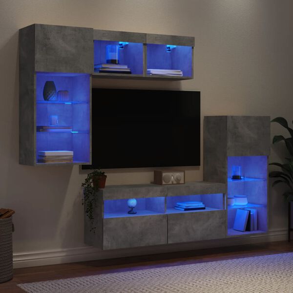 vidaXL Muebles TV pared con LED 5 pzas madera ingeniería gris hormigón