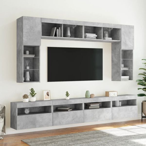 vidaXL Muebles de TV de pared con luces LED 8 piezas gris hormig&oacute;n