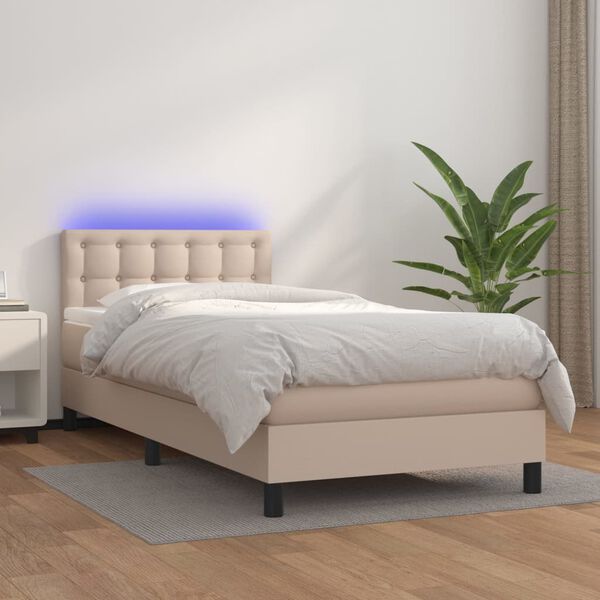 vidaXL Cama box spring colch&oacute;n LED cuero sint&eacute;tico capuchino 90x200 cm