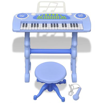 Piano de juguete de 37 teclas con taburete/micrófono para niños (Azul)