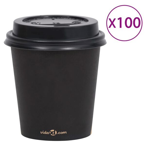 vidaXL Vasos de papel para caf&eacute; con tapas 100 uds negro 200 ml