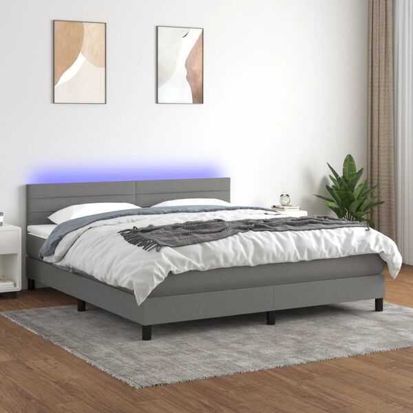 vidaXL Cama box spring colch&oacute;n y luces LED tela gris oscuro 180x200 cm