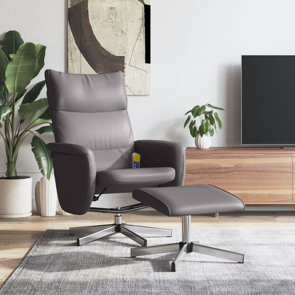 vidaXL Sill&oacute;n de masaje reclinable con reposapi&eacute;s cuero sint&eacute;tico gris