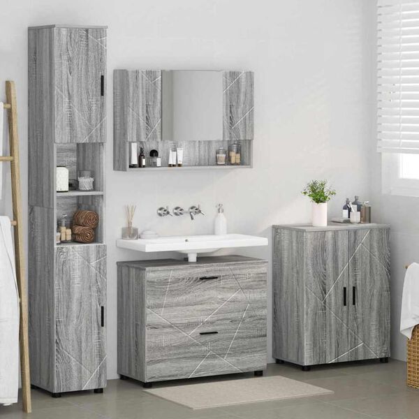 vidaXL Juego de muebles de ba&ntilde;o con caj&oacute;n con puerta 4 pcs Gris Sonoma