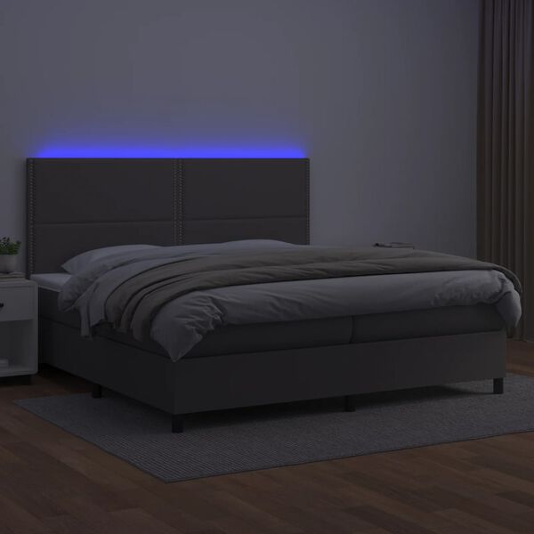 vidaXL Cama box spring colch&oacute;n y LED cuero sint&eacute;tico gris 200x200 cm