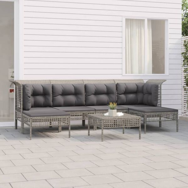 vidaXL Set de muebles de jard&iacute;n 7 pzas y cojines rat&aacute;n sint&eacute;tico gris