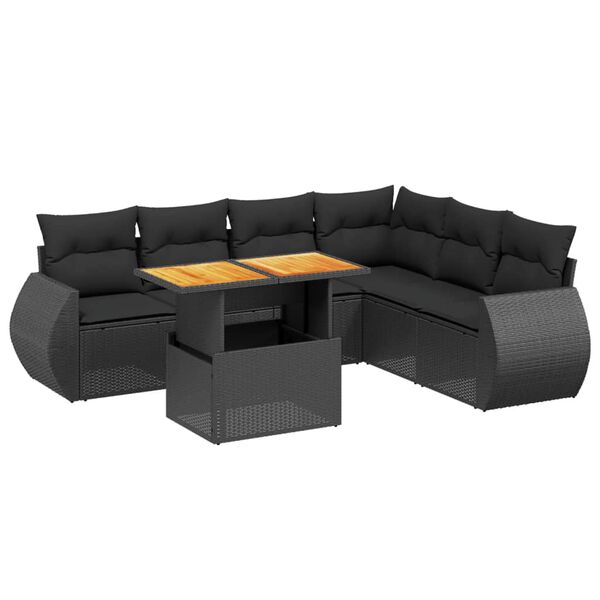 vidaXL Set de comedor de jard&iacute;n 7 pzas y cojines rat&aacute;n sint&eacute;tico negro