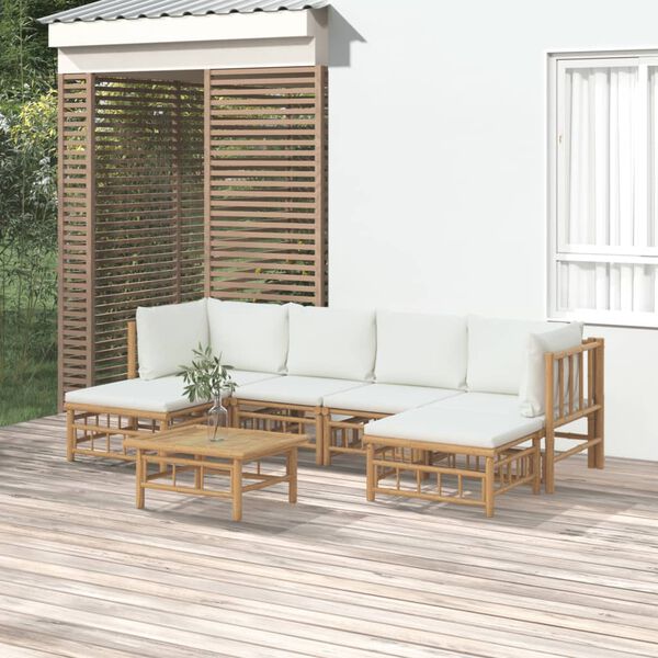 vidaXL Set de muebles de jardín 7 piezas bambú y cojines blanco crema