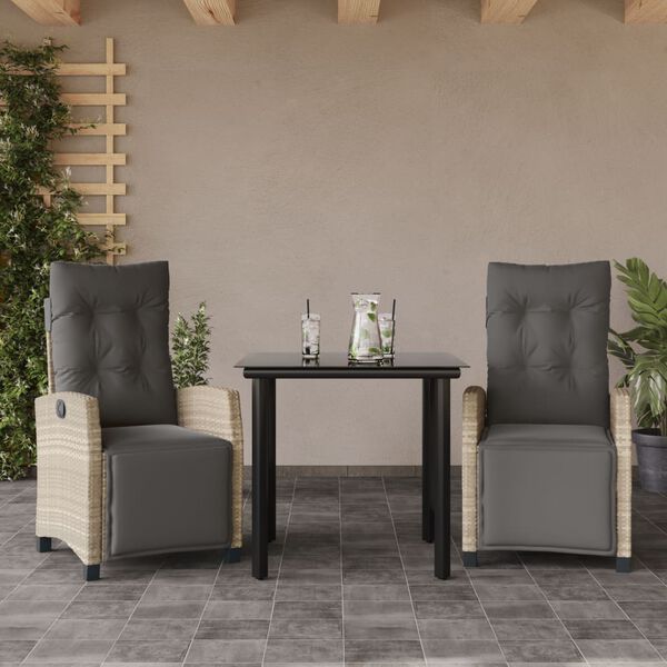 vidaXL Set comedor de jard&iacute;n 3 pzas cojines rat&aacute;n sint&eacute;tico gris claro