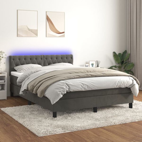 vidaXL Cama box spring colch&oacute;n y LED terciopelo gris oscuro 140x200 cm