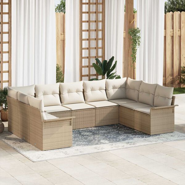 vidaXL Conjunto de sof&aacute; de jard&iacute;n 9 pcs Beige rat&aacute;n sint&eacute;tico