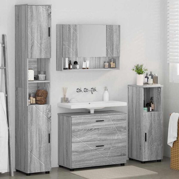 vidaXL Juego de muebles de ba&ntilde;o con caj&oacute;n con puerta 4 pcs Gris Sonoma